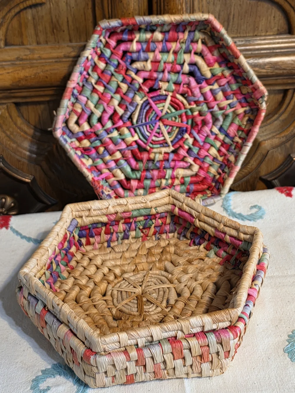 Handwoven Hexagon Storage Basket in Multicolor and Natural